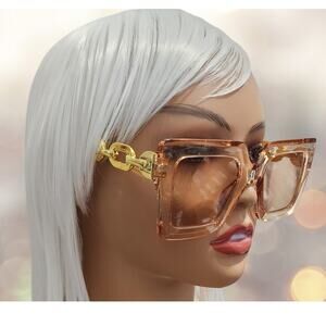 Sunglasses Women Taupe & Gold Big Rectangle Luxury Vintage Shades UV400